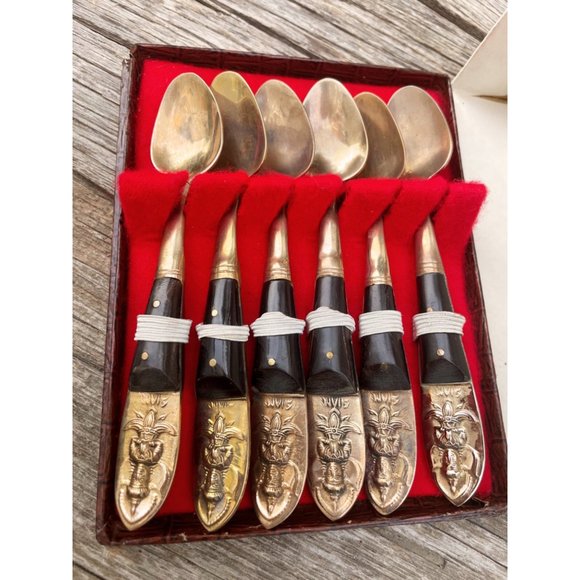 Vintage Set Siam Demitasse Spoons Brass/ Horn /Goddess - Picture 2 of 6